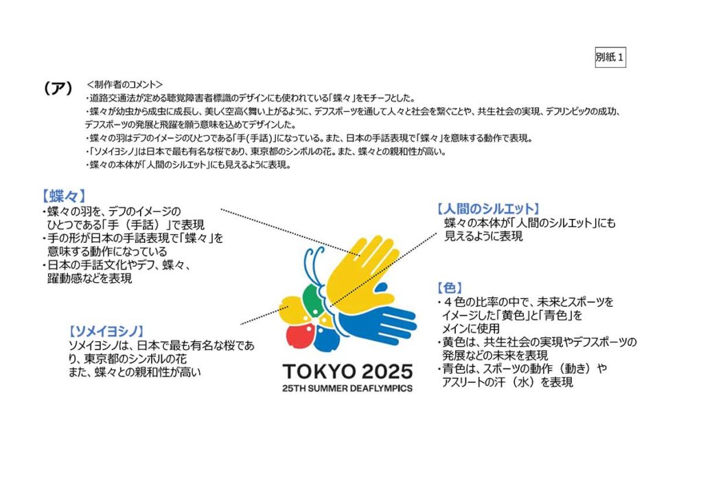 候補（ア）のデザインについて

＜制作者のコメント＞
・日本の聴覚障害者標識のモデルになっている「蝶々」をモチーフとした。
・蝶々が幼虫から成虫に成長し、美しく空高く舞い上がるように、デフスポーツを通して人々と社会を繋ぐことや、共生社会の実現、デフリンピックの成功、デフスポーツの発展と飛躍を願う意味を込めてデザインした。
・蝶々の羽はデフのイメージのひとつである「手(手話)」になっている。また、日本手話で「蝶々」を意味する動作で表現。
・「ソメイヨシノ」は日本で最も有名な桜であり、東京都のシンボルの花。また、蝶々との親和性が高い。
・蝶々の本体が「人間のシルエット」にも見えるように表現。

【蝶々】
・蝶々の羽を、デフのイメージのひとつである「手（手話）」で表現
・手の形が日本手話で「蝶々」を意味する動作になっている
・日本の手話文化やデフ、蝶々、躍動感などを表現

【ソメイヨシノ】
　ソメイヨシノは、日本で最も有名な桜であり、東京都のシンボルの花　また、蝶々との親和性が高い

【人間のシルエット】
　蝶々の本体が「人間のシルエット」にも見えるように表現

【色】
・４色の比率の中で、未来とスポーツをイメージした「黄色」と「青色」をメインに使用
・黄色は、共生社会の実現やデフスポーツの発展などの未来を表現
・青色は、スポーツの動作（動き）やアスリートの汗（水）を表現